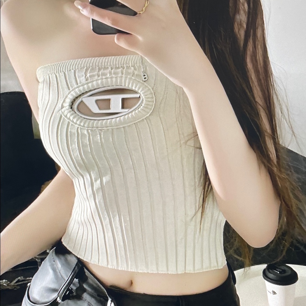Diesel Cream Ribbed Strapless Cutout Crop Top - Picture 2 of 6